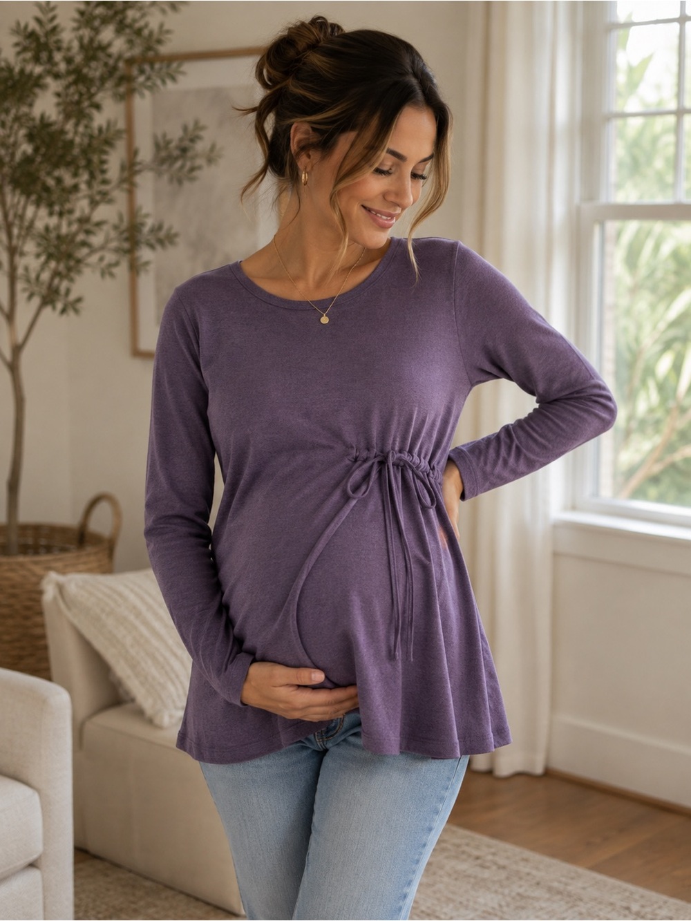 Motherhood Purple Long-Sleeve Maternity Tie-Waist Tunic